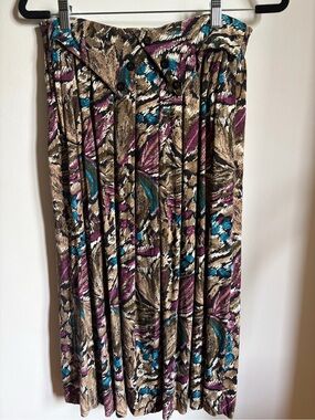 VTG Pleated Multicolor Midi Skirt - Teal, Purple & Taupe Brown